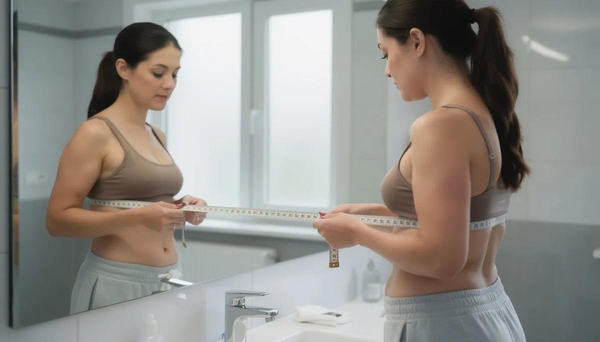 A woman stands in front of a mirror, using a soft measuring tape to take a ribcage measurement, likely assessing her bust size for future breast augmentation. The focus on her careful measurement suggests she is considering options for achieving her ideal breast size, possibly looking into C cup breast implants.