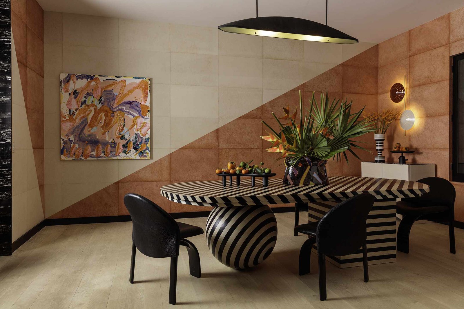 Pink/red dining room by interior designer Kelly Wearstler