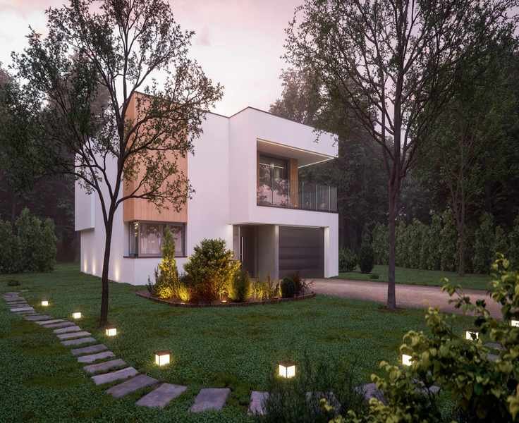 Luxury modern villa in the forest at dawn.
