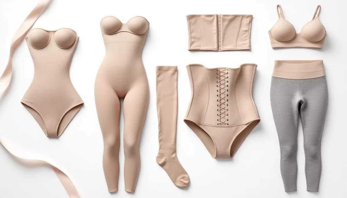 In the image, various types of shapewear are displayed, including cami bodysuits, shaping bodysuits, and waist trainers, showcasing their features such as supportive built-in bras and adjustable gussets. The garments are designed to create a smooth silhouette, providing targeted compression and support for different body shapes and sizes.