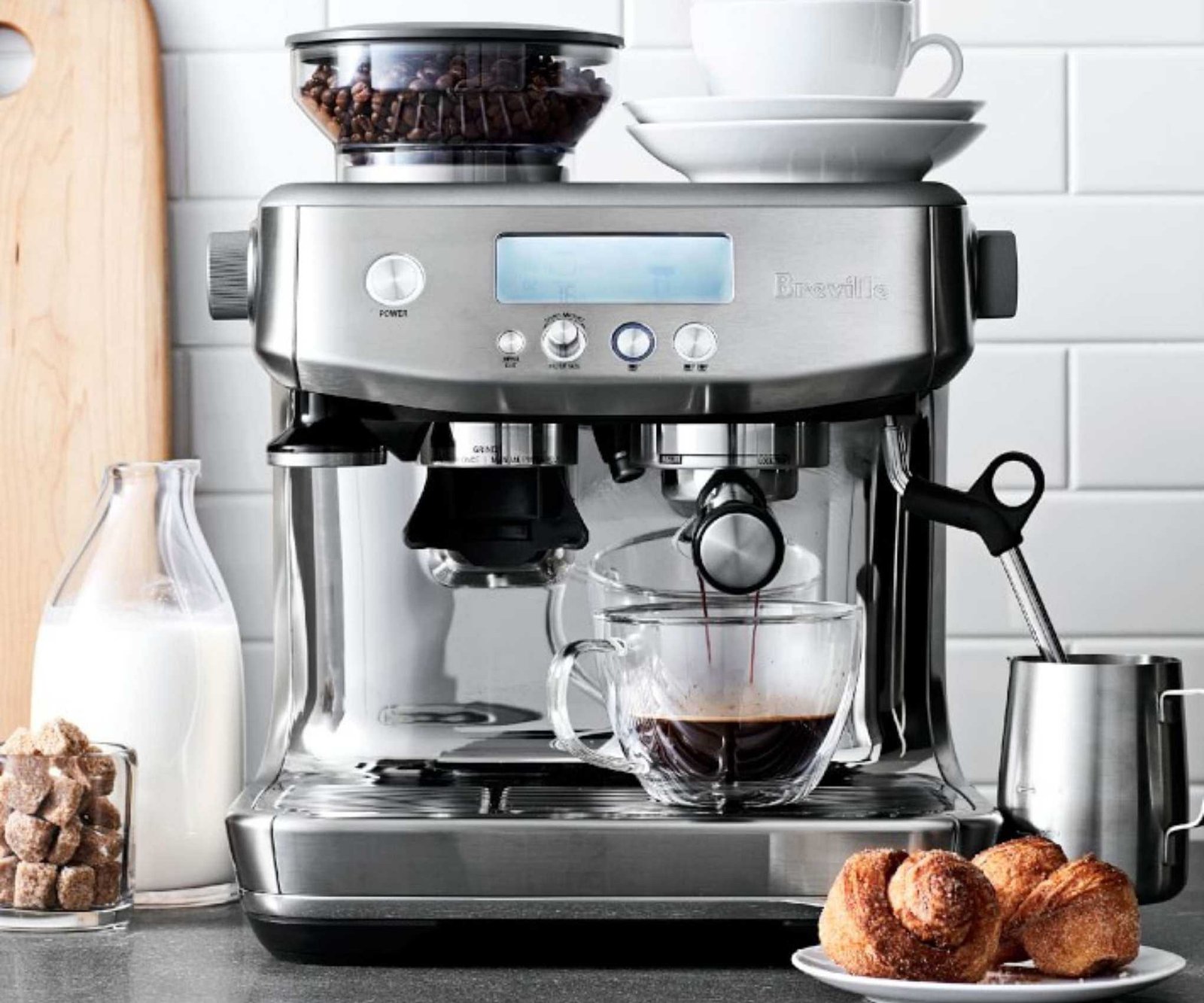 Breville The Barista Pro on the countertop making coffee